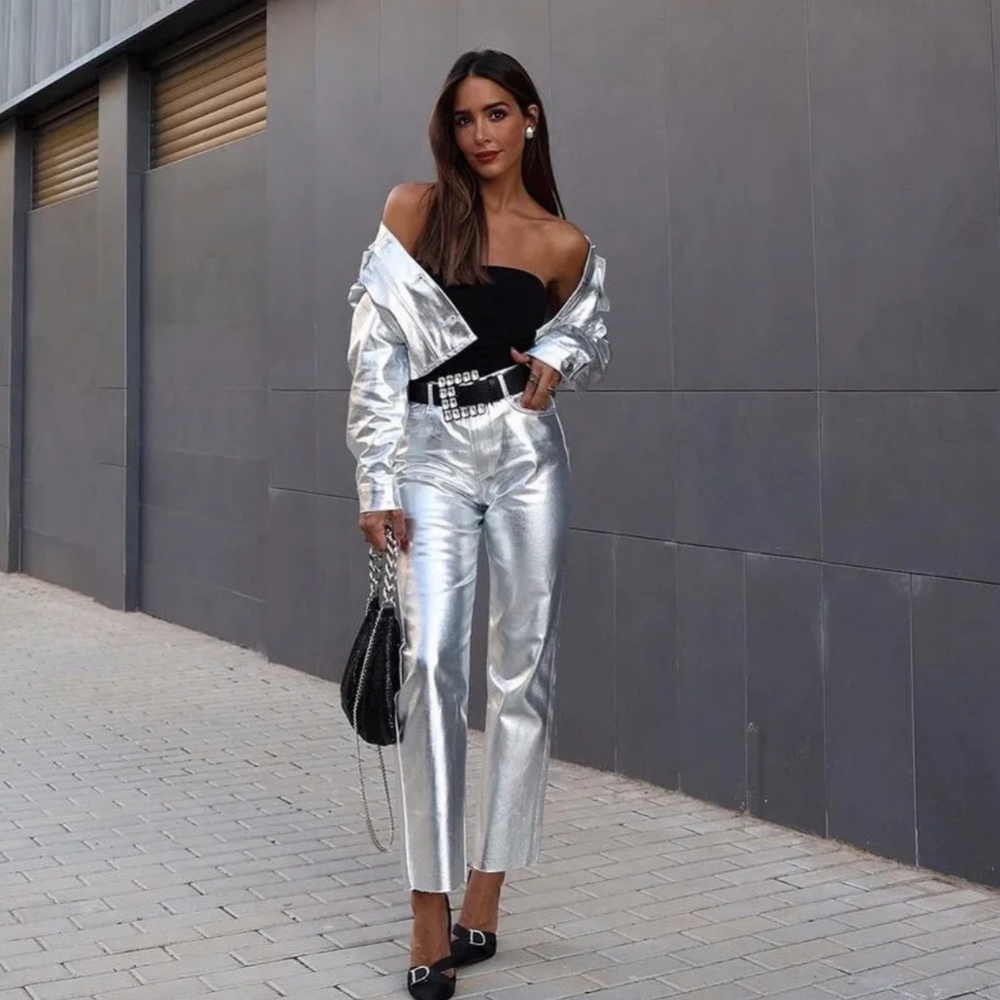 Zara Metallic High Rise Straight Cut Jeans - Picture 1 of 15